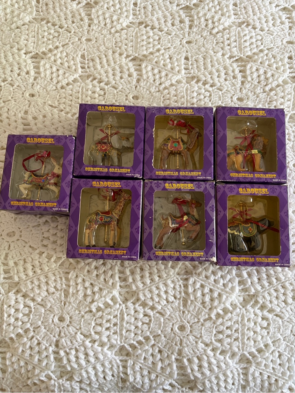 Vintage 7 Carousel animal Ornaments - Purple Box Set
